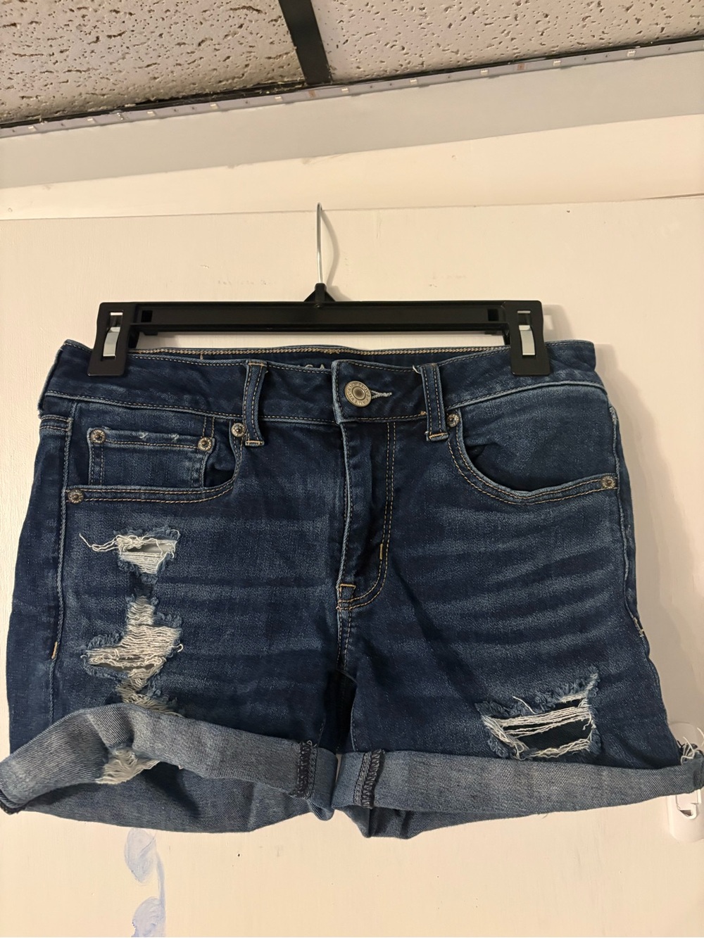 American Eagle Outfitters Dark Blue Distressed Roll-Cuff Denim Shorts